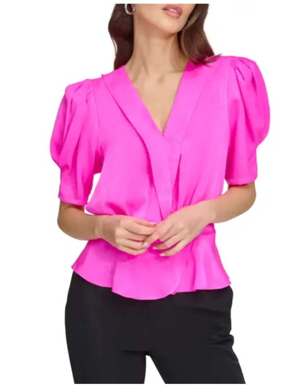 DKNY Vibrant Fuchsia V-Neck Puff Sleeve Blouse